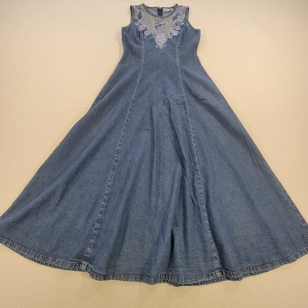Vintage Styleworks Denim Maxi Dress Blue Embroidered Mesh Floral Boho Women's 4 - Picture 5 of 12